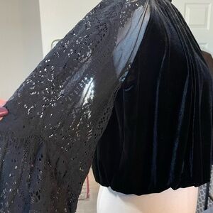 Free People black velvet top with sheer lace sleeves, mock neck, elastic waist.